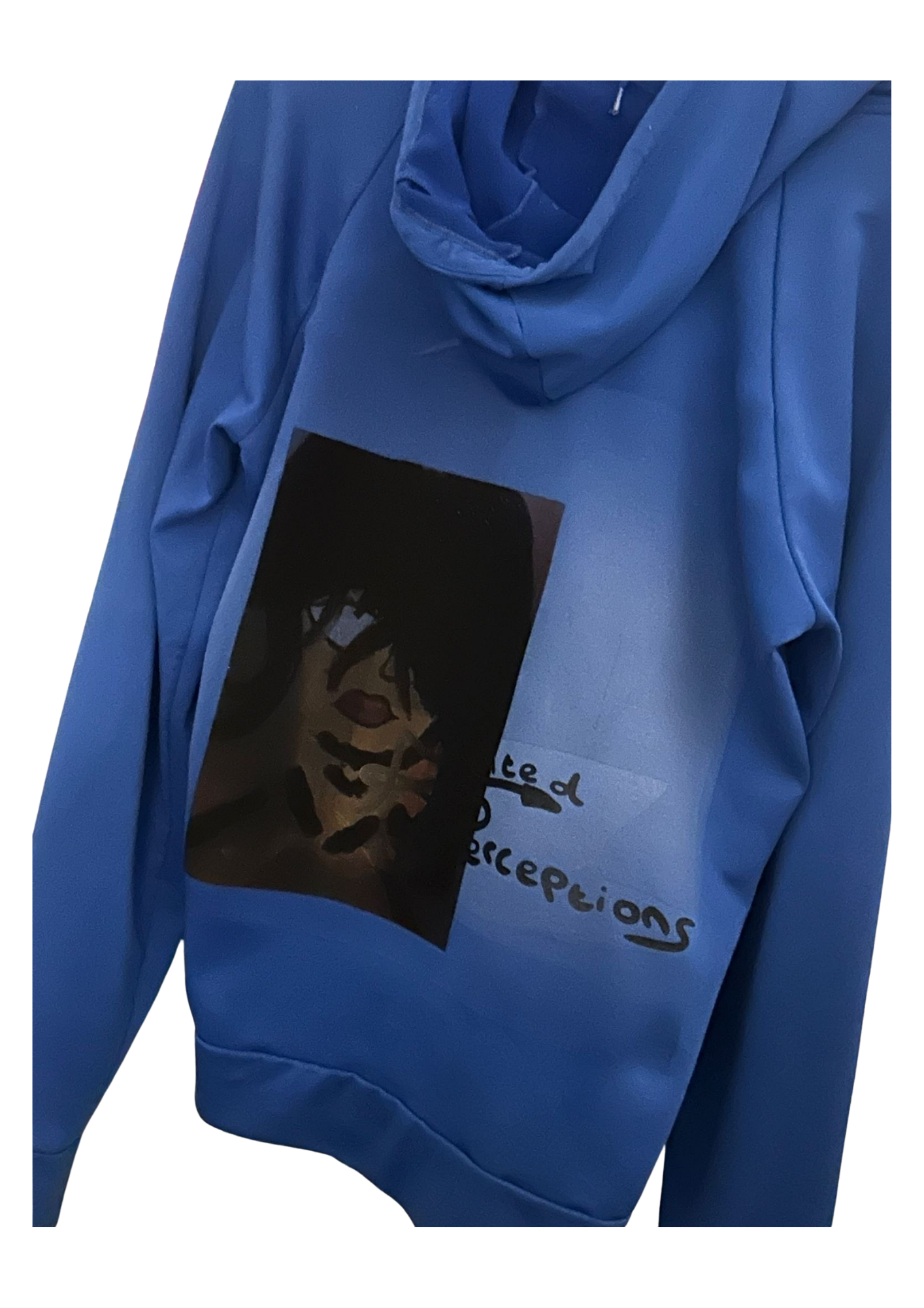 Blue Portrait Hoodie with black portrait graphic