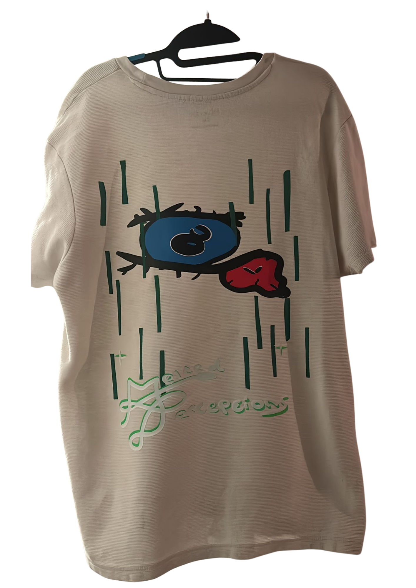 Neutral Melted Perceptions tee with eye and heart artwork